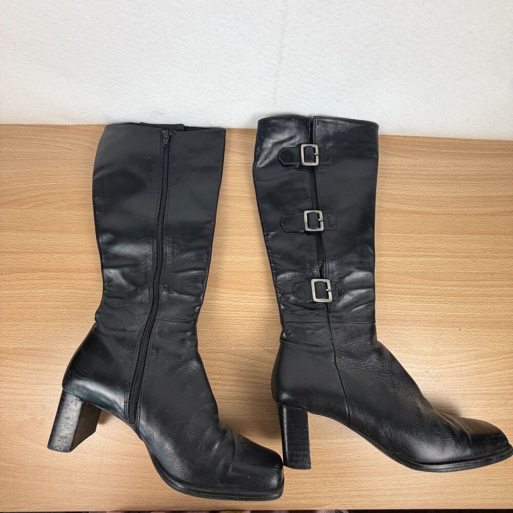 Giovanni Z Women’s 7M Black Leather Mid-Calf Boots Triple Buckle Heels